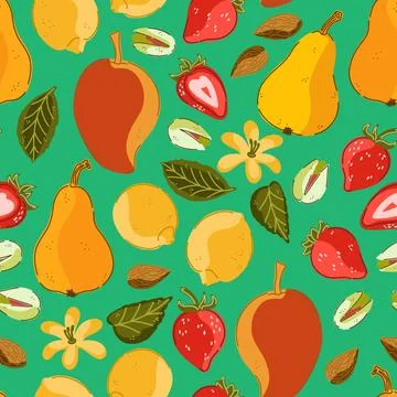 Seamless pattern, swatch, background. Various vintage hand-drawn food illustr Stock Illustration