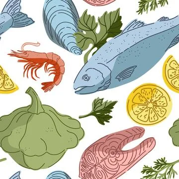 Seamless pattern, swatch, background. Various vintage hand-drawn food illustr Stock Illustration