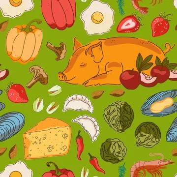 Seamless pattern, swatch, background. Various vintage hand-drawn food illustr Stock Illustration