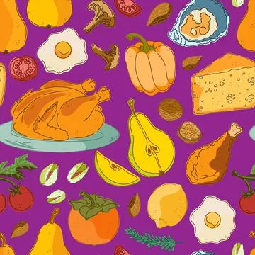 Seamless pattern, swatch, background. Various vintage hand-drawn food illustr Stock Illustration