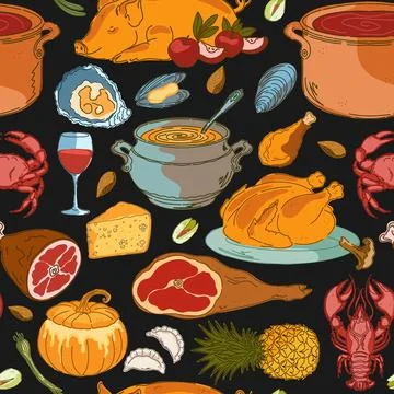 Seamless pattern, swatch, background. Various vintage hand-drawn food illustr Stock Illustration
