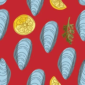 Seamless pattern, swatch, background. Various vintage hand-drawn food illustr Stock Illustration