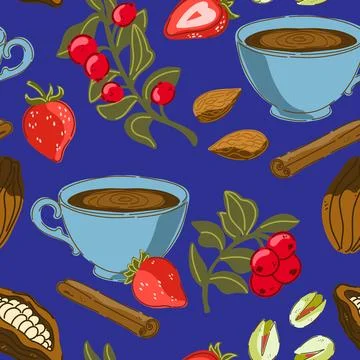 Seamless pattern, swatch, background. Various vintage hand-drawn food illustr Stock Illustration