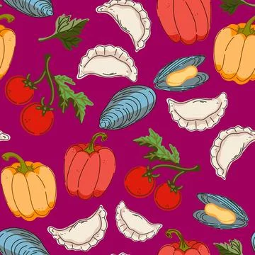 Seamless pattern, swatch, background. Various vintage hand-drawn food illustr Stock Illustration