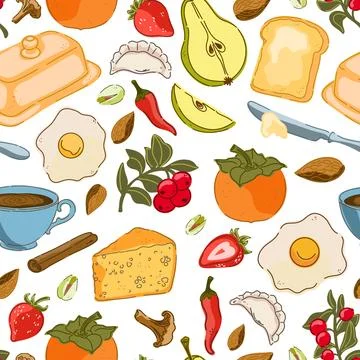 Seamless pattern, swatch, background. Various vintage hand-drawn food illustr Stock Illustration