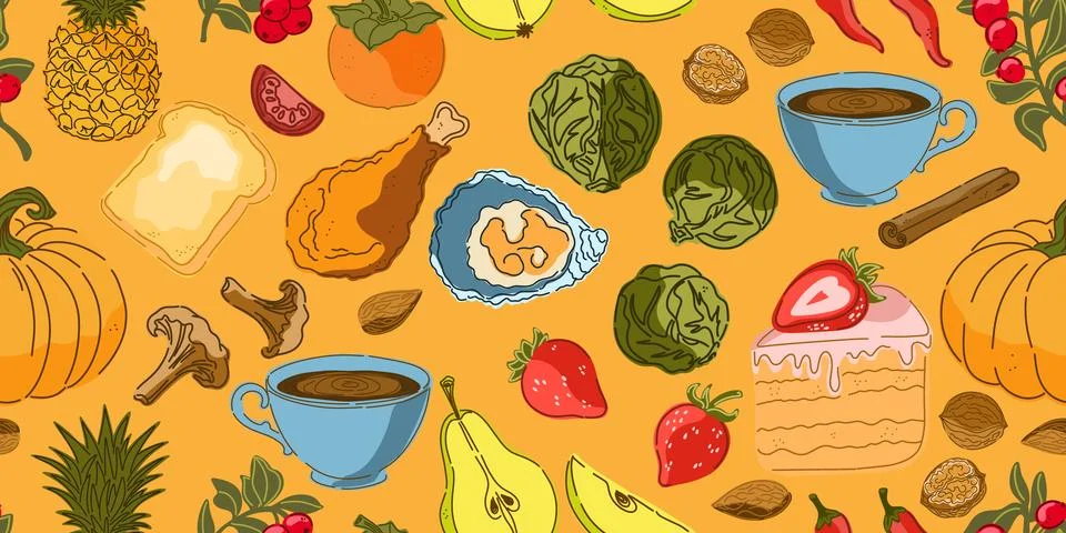 Seamless pattern, swatch, background. Various vintage hand-drawn food illustr Stock Illustration