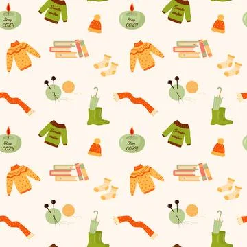 Seamless pattern with sweaters, hat, scarf, books, candle, socks, rubber bo.. 스톡 일러스트