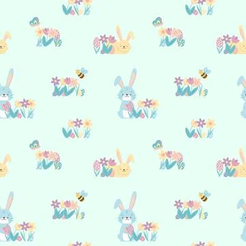 Seamless pattern with sweet and cute blue bunny rabbits Stock Illustration