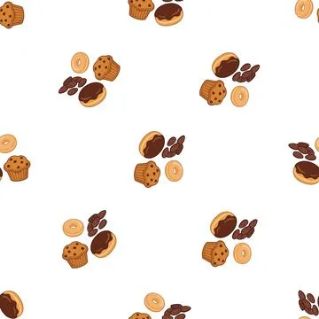 Seamless pattern with sweet baked goods donuts muffins and chocolate. 库存插图