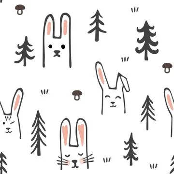 Seamless pattern with sweet bunnies and trees. Cartoon forest. Childish texture Stock Illustration