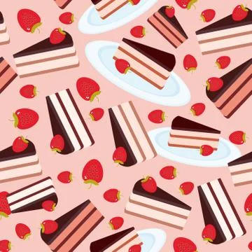 Seamless pattern Sweet cake decorated with fresh Strawberry, pink cream and c Illustrazione stock