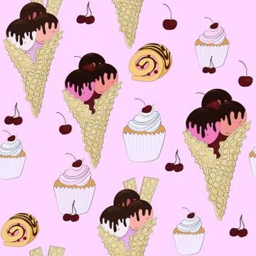 Seamless pattern of sweet cake, ice cream and chocolate roll Illustrazione stock
