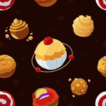 Seamless pattern with sweet candy and cake planets flat vector illustration. Stock Illustration