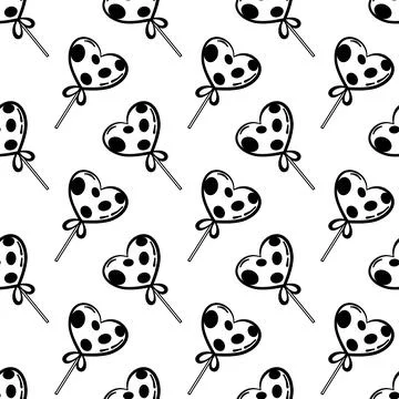Seamless pattern of sweet candy hearts. Doodle illustration of lollipops. Stock Illustration