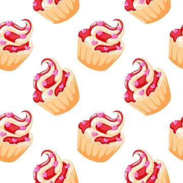 Seamless pattern with sweet cupcake for Valentine day with heart in flat style Stock Illustration