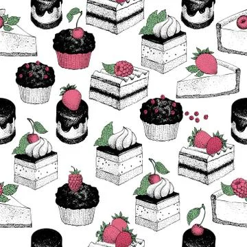 Seamless pattern with sweet desserts. Pastry, berries,chocolate and cream. Hand Stock Illustration