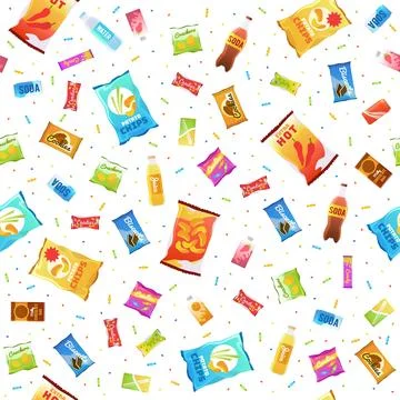 Seamless pattern with sweet drinks and candy. Soda water, chips in packet and Stock Illustration