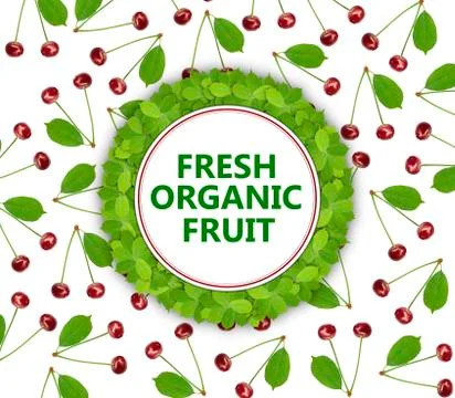 Seamless pattern sweet fresh cherry with green leaf and circle banner fresh o Stock Photos