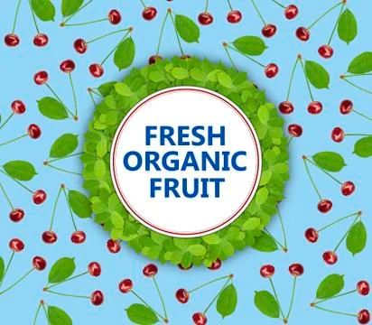 Seamless pattern sweet fresh cherry with green leaf and circle banner fresh o Stock Photos