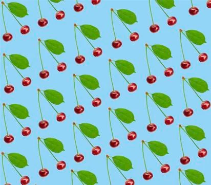 Seamless pattern sweet fresh cherry with green leaf isolated on blue background Stock Photos