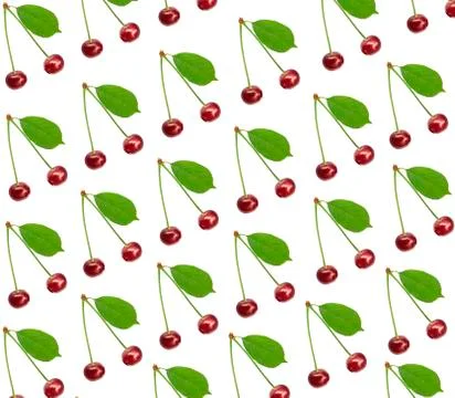 Seamless pattern sweet fresh cherry with green leaf isolated on white backgro Stock Photos