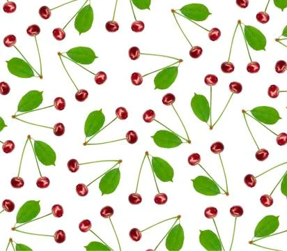 Seamless pattern sweet fresh cherry with green leaf isolated on white Stock Photos