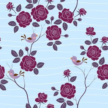 Seamless pattern with sweet garden roses on wavy soft blue background 스톡 일러스트