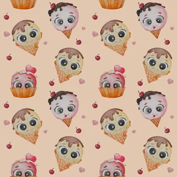 Seamless pattern with sweet ice cream. Different cute ice cream with eyes and Stock Illustration