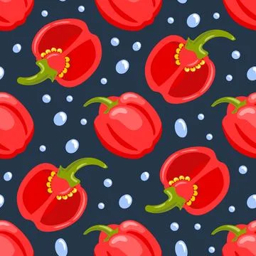 A seamless pattern of sweet red pepper water drops, glossy spheres with vibrant Illustrazione stock