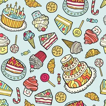 Seamless pattern with sweets on blue background. Seamless pattern with swe... Stock Photos