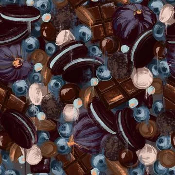 Seamless pattern. Sweets chocolate and figs on a dark brown background. Stock Illustration