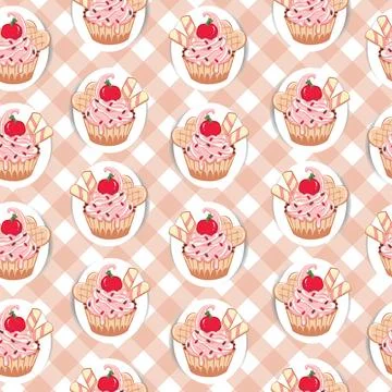 Seamless pattern with sweets cupcakes isolated on linear white and orange b.. Stock Illustration