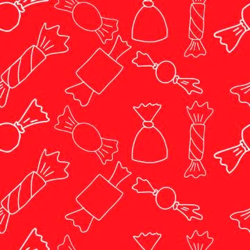 Seamless pattern with sweets of different sizes and types. White hand line on Stock Illustration