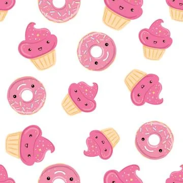 Seamless pattern with sweets - donuts, cupcakes isolated on white background. Stock Illustration