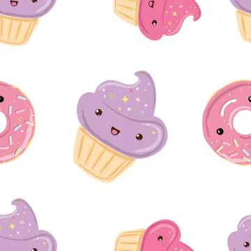 Seamless pattern with sweets - donuts, cupcakes isolated on white background. Stock Illustration
