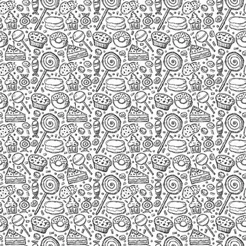 Seamless pattern with sweets. Doodle vector illustration with sweets icons Illustrazione stock