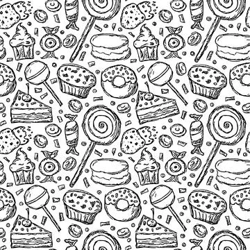 Seamless pattern with sweets. Doodle vector illustration with sweets icons Stock Illustration