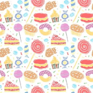 Seamless pattern with sweets. Doodle vector illustration with sweets icons Stock Illustration