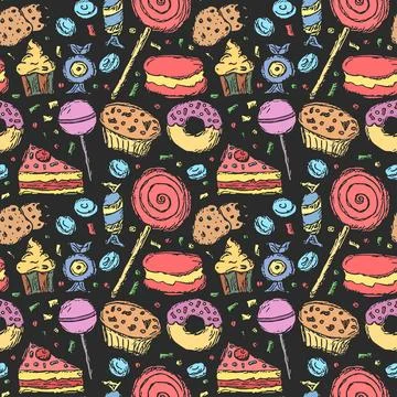 Seamless pattern with sweets. Doodle vector illustration with sweets icons Stock Illustration
