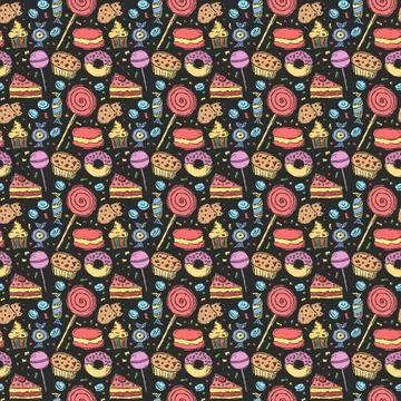 Seamless pattern with sweets. Doodle vector illustration with sweets icons Illustrazione stock