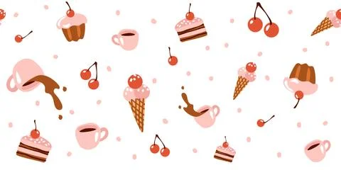 Seamless pattern with sweets, ice cream, mug with coffee, cake on a white Stock Illustration