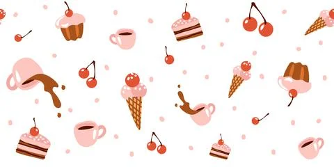 Seamless pattern with sweets, ice cream, mug with coffee, cake on a white Stock Illustration