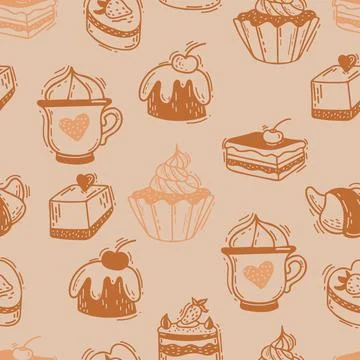 Seamless pattern with sweets. Pastries and cakes, sweets and desserts with straw Stock Illustration