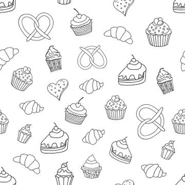 Seamless pattern with sweets, pies, cupcakes, ice cream, bakery products. Vec Stock Illustration