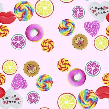 Seamless pattern of sweets on a pink square background 스톡 사진