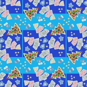 Seamless pattern with sweets on plates in the shape of Christmas trees and 스톡 사진
