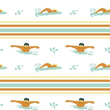 Seamless pattern of swimmers in water with stripes and splashes Stock Illustration