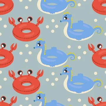 Seamless pattern, swimming lap in the shape of a crab and a seahorse, child.. Illustrazione stock