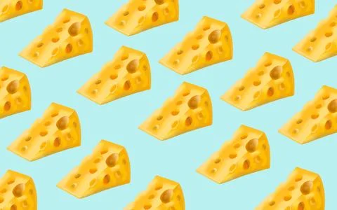 Seamless Pattern of Swiss Cheese Slices on Light Blue Background Illustrazione stock