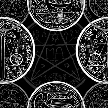 Seamless pattern with sword, pentagram and mystic symbols on black. Stock Illustration